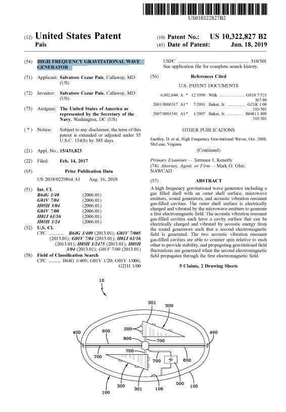 US Patent:  HIGH FREQUENCY GRAVITATIONAL WAVE GENERATOR (Free Digital Download)